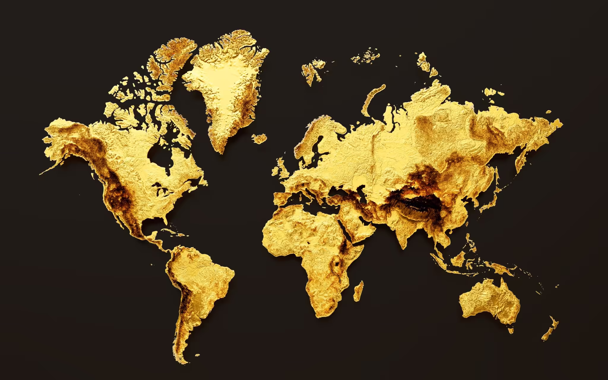 Contoured world map made of gold